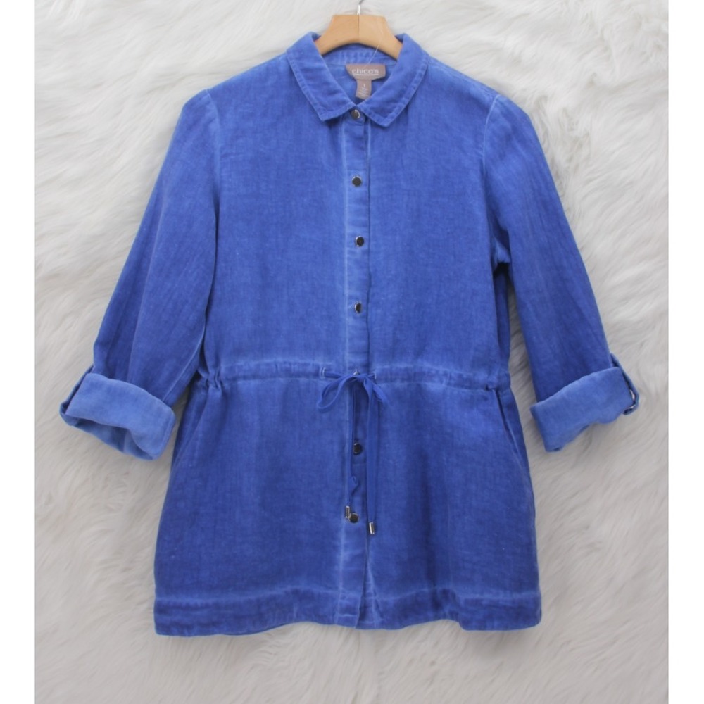 Chicos Button Front 100% Linen Shirt Jacket Blue Casual Womens Medium 1 Coastal - Picture 1 of 14